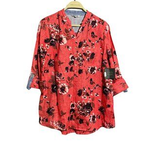 John Mark Linen Blouse Button Shirt Top Women Size S Flower Coral Roll Tab Flip